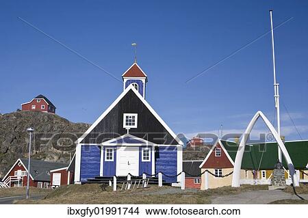 Picture - "Berthel's Church with an archway made of whale jawbones, colonial center of Sisimiut, Greenland, North America". Fotosearch