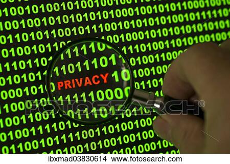 Picture - "Binary code with the word """"Privacy"""" viewed through a magnifying glass". Fotosearch