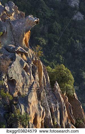 Stock Photo - "Bizarre rock erosions in the evening light, Calanche, Les Calanches de Piana, Corse-du-Sud, Corsica, France, Europe". Fotosearch