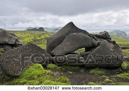 Stock Photo - "Bizarre tuff rocks along the trail from Pakgil canyon to Hoefoabrekkajoekull glacier, Pakgil, Iceland, Europe". Fotosearch