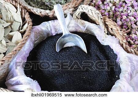 Stock Photography - "Black cumin (Nigella sativa), spice souk, Dubai, United Arab Emirates, Arabia, Middle East, Orient, Asia". Fotosearch