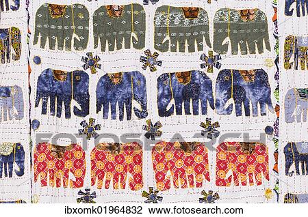 Stock Image - "Blanket with sewn-on elephants, Jaipur, Rajasthan, India, Asia". Fotosearch