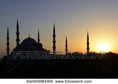 Picture - "Blue Mosque, also Sultan Ahmed Mosque, Sultanahmet Camii, silhouetted at sunset, UNESCO World Heritage Site, European side, Istanbul, Turkey, Asia". Fotosearch