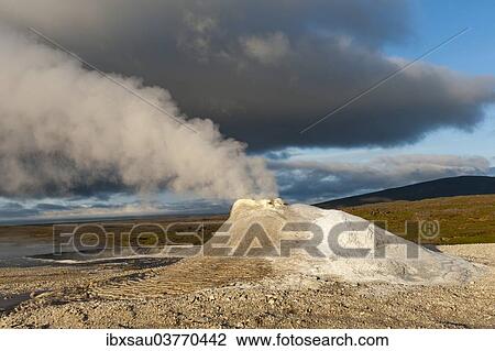 Stock Image - "Blue water pool, Blahver hot spring, limestone sinter terraces, Oskjuholl or Oskurholhver, geothermal area of Hveravellir, Kjolur, Highlands, Iceland, Europe". Fotosearch