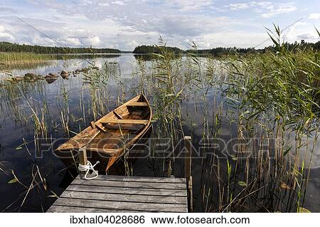 "Boat dock with rowboat, reeds, lake in Smaland, Sweden, Europe" View Large Photo Image Stock Photograph - "Boat dock with rowboat, reeds, lake in Smaland, Sweden, Europe". Fotosearch