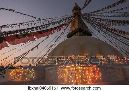 "Boudhanath Stupa decorated with prayer flags and lights for the full moon festival, evening light, Boudhanath, UNESC World Heritage Site, Kathmandu, Nepal, Asia" View Large Photo Image Stock Photo - "Boudhanath Stupa decorated with prayer flags and lights for the full moon festival, evening light, Boudhanath, UNESC World Heritage Site, Kathmandu, Nepal, Asia". Fotosearch