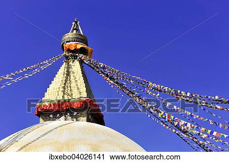 "Boudhanath Stupa, UNESCO World Heritage Site, painted eyes, colorful prayer flags, Tibetan Buddhism, Kathmandu, Nepal, Asia" View Large Photo Image Stock Image - "Boudhanath Stupa, UNESCO World Heritage Site, painted eyes, colorful prayer flags, Tibetan Buddhism, Kathmandu, Nepal, Asia". Fotosearch