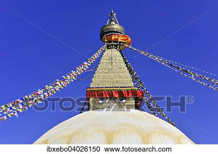 "Boudhanath Stupa, UNESCO World Heritage Site, painted eyes, colorful prayer flags, Tibetan Buddhism, Kathmandu, Nepal, Asia" View Large Photo Image Stock Image - "Boudhanath Stupa, UNESCO World Heritage Site, painted eyes, colorful prayer flags, Tibetan Buddhism, Kathmandu, Nepal, Asia". Fotosearch