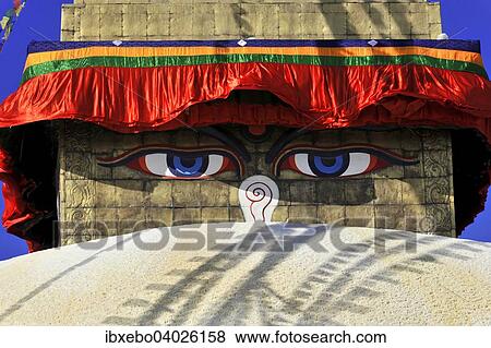 "Boudhanath Stupa, UNESCO World Heritage Site, painted eyes, colorful prayer flags, Tibetan Buddhism, Kathmandu, Nepal, Asia" View Large Photo Image Stock Photo - "Boudhanath Stupa, UNESCO World Heritage Site, painted eyes, colorful prayer flags, Tibetan Buddhism, Kathmandu, Nepal, Asia". Fotosearch