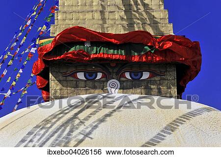 "Boudhanath Stupa, UNESCO World Heritage Site, painted eyes, colorful prayer flags, Tibetan Buddhism, Kathmandu, Nepal, Asia" View Large Photo Image Stock Photograph - "Boudhanath Stupa, UNESCO World Heritage Site, painted eyes, colorful prayer flags, Tibetan Buddhism, Kathmandu, Nepal, Asia". Fotosearch