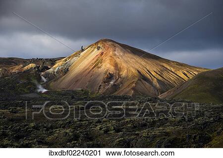 "Brennisteinsalda volcano, rhyolite mountains and Laugahraun lava field, Landmannalaugar, Fjallabak Nature Reserve, Highlands of Iceland, Iceland, Europe" View Large Photo Image Stock Image - "Brennisteinsalda volcano, rhyolite mountains and Laugahraun lava field, Landmannalaugar, Fjallabak Nature Reserve, Highlands of Iceland, Iceland, Europe". Fotosearch