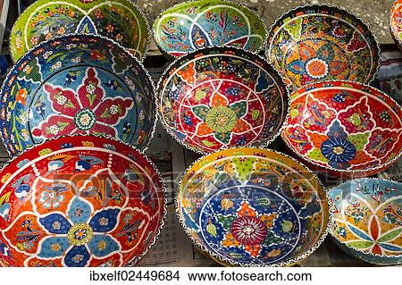 Picture - "Brightly painted bowls, bazaar, Demre, Myra, Turkey, Asia". Fotosearch