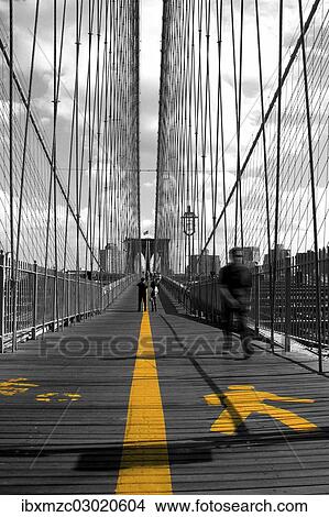 "Brooklyn Bridge with yellow markings for pedestrians, Brooklyn Bridge, Manhatten, New York City, New York, United States, North America" View Large Photo Image Picture - "Brooklyn Bridge with yellow markings for pedestrians, Brooklyn Bridge, Manhatten, New York City, New York, United States, North America". Fotosearch