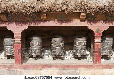 Picture - "Buddhist prayer wheels, Kagbeni Gompa monastery, Lower Mustang, Nepal, Asia". Fotosearch