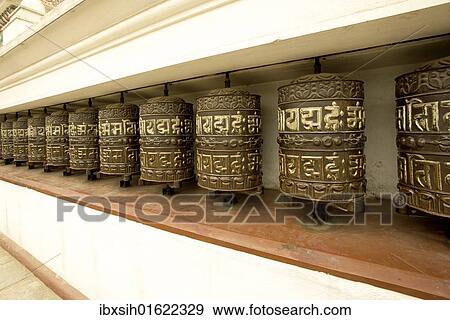 "Buddhist prayer wheels on the exterior wall of the Swayambhunath Stupa Temple, also called Monkey Temple, Kathmandu, Nepal, Asia" View Large Photo Image Stock Photo - "Buddhist prayer wheels on the exterior wall of the Swayambhunath Stupa Temple, also called Monkey Temple, Kathmandu, Nepal, Asia". Fotosearch