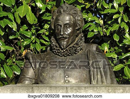 Stock Photo - "Bust of Miguel Cervantes, author of Don Quixote, gift of the city of Madrid to Geneva, Geneva, Switzerland, Europe". Fotosearch