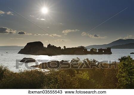 Stock Image - "Byzantine fortress on an island in Lake Bafa, Lake Bafa, Mugla Province, Aegean region, Turkey, Asia". Fotosearch