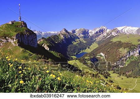 "Cable car on Hoher Kasten mountain, Alpstein region, lake Samtisersee and Kreuzberge mountains, Altmann mountain, Santis mountain, Canton of Appenzell Innerrhoden, Canton of St. Gallen, Switzerland, Europe" View Large Photo Image Stock Photo - "Cable car on Hoher Kasten mountain, Alpstein region, lake Samtisersee and Kreuzberge mountains, Altmann mountain, Santis mountain, Canton of Appenzell Innerrhoden, Canton of St. Gallen, Switzerland, Europe". Fotosearch