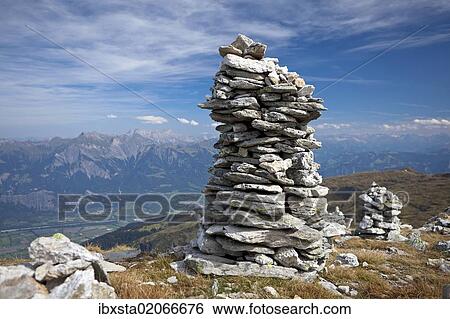 Stock Photograph - "Cairns along the Five Lakes Hiking Route on Pizol Mountain, Bad Ragaz, Heidi country, Swiss Alps, Switzerland, Europe, PublicGround, Europe". Fotosearch