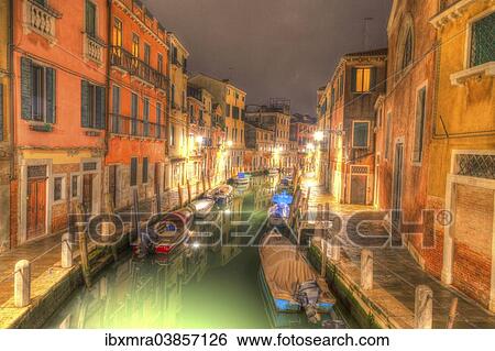 "Canal with boats and colourful houses at night, Venice, Veneto, Italy, Europe" View Large Photo Image Stock Photograph - "Canal with boats and colourful houses at night, Venice, Veneto, Italy, Europe". Fotosearch