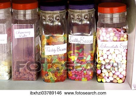 Stock Photograph - "Candy jars with various sweets, display in a candy store, Dublin, Republic of Ireland". Fotosearch