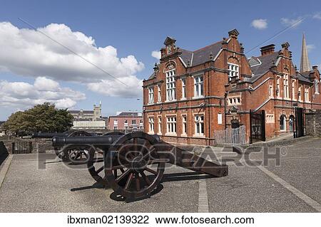 Stock Image - "Cannons on the city walls, Londonderry, County Derry, Northern Ireland, Great Britain, Europe, PublicGround". Fotosearch
