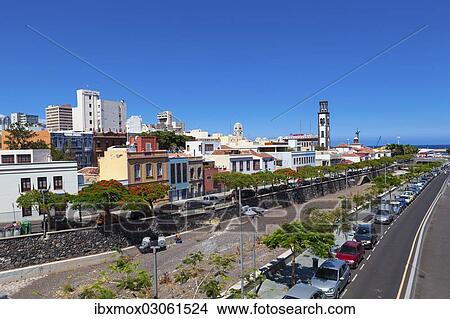 Picture - "Capital of Santa Cruz de Tenerife with the Barranco de Santos and steeple of the Nuestra Senora de la Concepcion church, Teneriffa, Santa Cruz de Tenerife, Tenerife, Canary Islands, Spain, Europe". Fotosearch