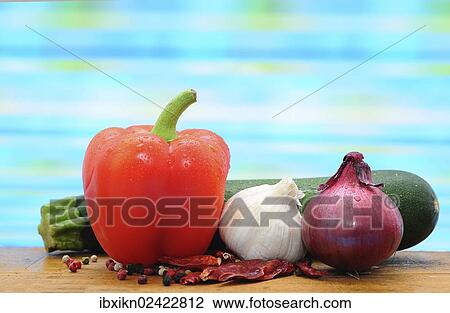 "Capsicum, zucchini, garlic and onion" View Large Photo Image Stock Image - "Capsicum, zucchini, garlic and onion". Fotosearch