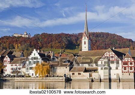 Stock Photo - "Castle and church of Stein am Rhein in autumn, Rhine, Switzerland, Europe, PublicGround, Europe". Fotosearch