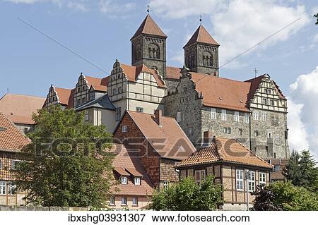 Stock Photo - "Castle and Collegiate Church of St. Servatius with monastery buildings on the Schlossberg or castle hill, Quedlinburg, Saxony-Anhalt, Germany, Europe". Fotosearch