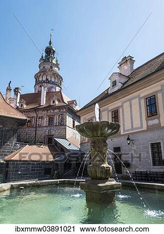 "Castle courtyard with fountain and tower, Horni Hrad, UNESCO World Heritage Site, Cesky Krumlov, South Bohemia, Czech Republic, Europe" View Large Photo Image Stock Image - "Castle courtyard with fountain and tower, Horni Hrad, UNESCO World Heritage Site, Cesky Krumlov, South Bohemia, Czech Republic, Europe". Fotosearch
