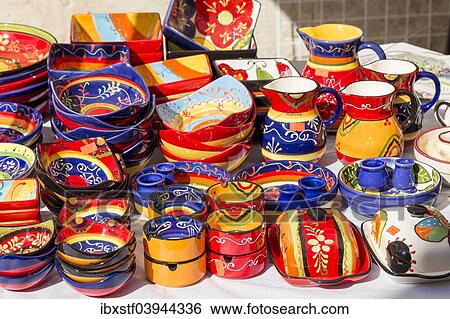 "Ceramics on sale at a farmer's market, Santanyi, Majorca, Balearic Islands, Spain, Europe" View Large Photo Image Stock Photograph - "Ceramics on sale at a farmer's market, Santanyi, Majorca, Balearic Islands, Spain, Europe". Fotosearch