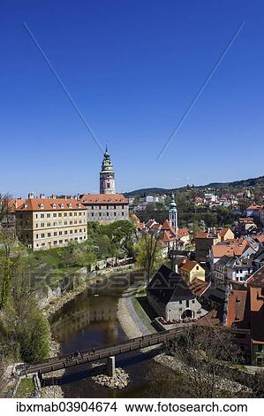 Picture - "Cesky Krumlov Castle with the castle tower and St. Jost Church, Vltava River in the foreground, Cesky Krumlov, Jihocesky kraj, South Bohemia, Czech Republic, Europe". Fotosearch