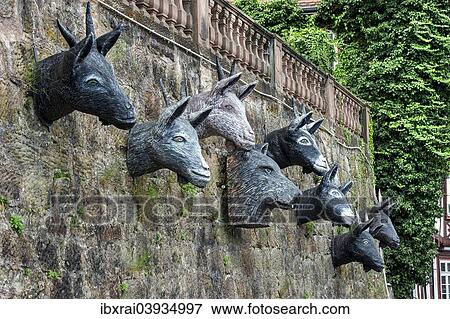 Stock Photo - "Characters of the fairy tale """"The Wolf and the Seven Young Kids"""" by the Brothers Grimm, Grimm-dich-Pfad trail, historic centre, Marburg, Hesse, Germany, Europe". Fotosearch