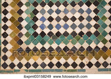 Stock Photo - "Chequered ceramic tile mosaic on a wall at the Alhambra palace, Granada, Granada province, Andalusia, Spain, Europe". Fotosearch