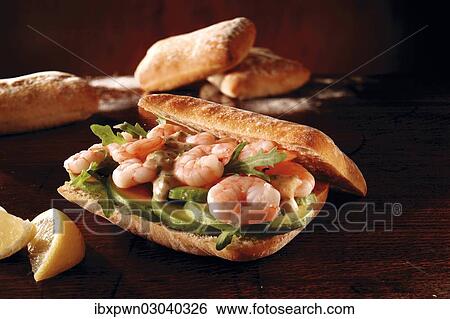 "Chiabatta sandwich with prawns, avocado and rocket" View Large Photo Image Stock Photograph - "Chiabatta sandwich with prawns, avocado and rocket". Fotosearch