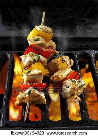 Chicken skewers being cooked over open flames View Large Photo Image Stock Image - Chicken skewers being cooked over open flames. Fotosearch