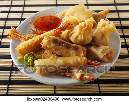 "Chinese appetizers, fried breaded shrimp, spring rolls, dim sum, and samosas" View Large Photo Image Stock Photograph - "Chinese appetizers, fried breaded shrimp, spring rolls, dim sum, and samosas". Fotosearch