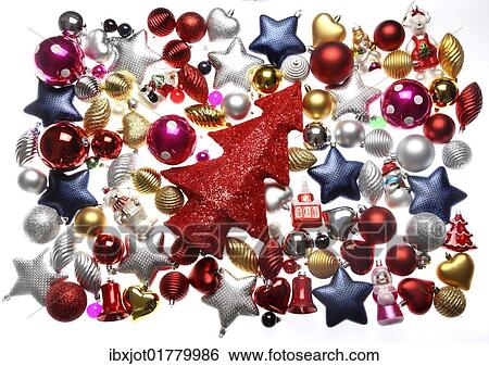 Stock Photograph - "Christmas decorations, various Christmas tree balls and a red Christmas tree". Fotosearch