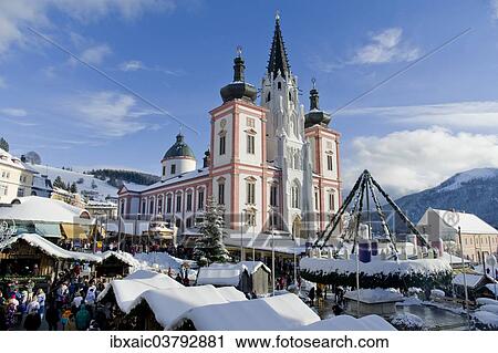 "Christmas market in front of the Mariazell Basilica on the main square of Mariazell, Upper Styria, Styria, Austria, Europe" View Large Photo Image Stock Image - "Christmas market in front of the Mariazell Basilica on the main square of Mariazell, Upper Styria, Styria, Austria, Europe". Fotosearch