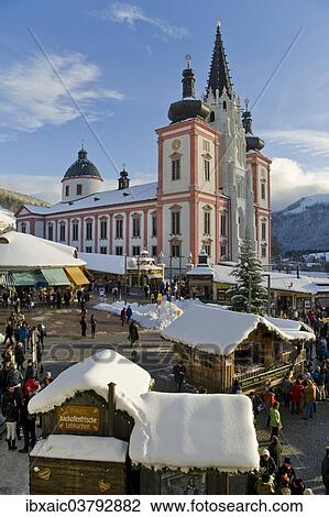 "Christmas market in front of the Mariazell Basilica on the main square of Mariazell, Upper Styria, Styria, Austria, Europe" View Large Photo Image Stock Image - "Christmas market in front of the Mariazell Basilica on the main square of Mariazell, Upper Styria, Styria, Austria, Europe". Fotosearch