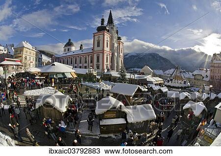 "Christmas market in front of the Mariazell Basilica on the main square of Mariazell, Upper Styria, Styria, Austria, Europe" View Large Photo Image Stock Image - "Christmas market in front of the Mariazell Basilica on the main square of Mariazell, Upper Styria, Styria, Austria, Europe". Fotosearch