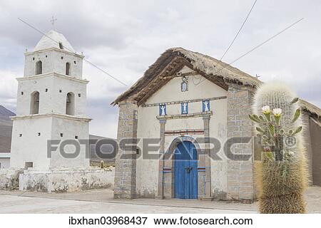 Stock Photo - "Church and a flowering Cardon cactus (Echinopsis atacamensis), Cariquima, Tarapaca Region, Chile, South America". Fotosearch