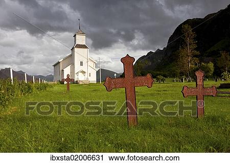 Stock Image - "Church and cemetery of Gomsoy on the Lofoten Islands, Norway, Scandinavia, Europe, PublicGround, Europe". Fotosearch