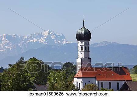 "Church in Muensing, in the back Mt. Zugspitze, Fuenfseenland or Five Lakes region, Upper Bavaria, Bavaria, Germany, Europe" View Large Photo Image Stock Photograph - "Church in Muensing, in the back Mt. Zugspitze, Fuenfseenland or Five Lakes region, Upper Bavaria, Bavaria, Germany, Europe". Fotosearch