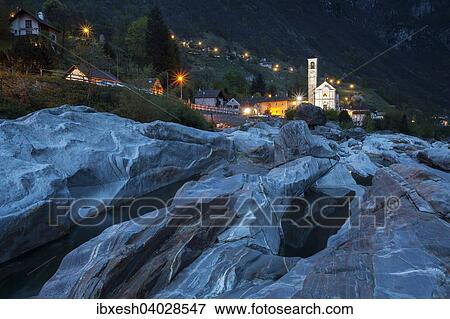 Stock Photo - "Church of Lavertezzo and Verzasca River, Lavertezzo, Verzasca Valley, Canton of Ticino, Switzerland, Europe". Fotosearch