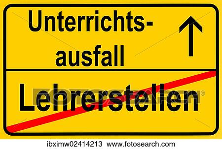 Stock Image - "City limit sign, leaving Lehrerstellen, entering Unterrichtsausfall, German for leaving teaching jobs, entering cancelled lessons". Fotosearch