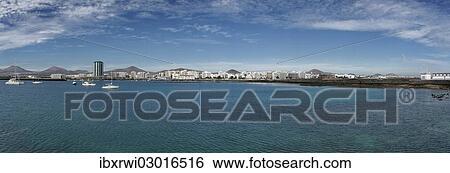 Stock Photograph - "City panorama of Arrecife, as seen from the sea, Arrecife, Lanzarote, Canary Islands, Spain, Europe". Fotosearch