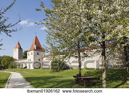 Stock Image - "City walls with Frauenturm tower and Biersiederturm tower, Berching, Upper Palatinate, Bavaria, Germany, Europe". Fotosearch