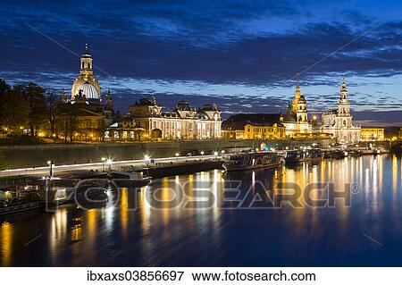 Stock Photo - "Cityscape at night with Frauenkirche church, Dresden Cathedral and Dresden Castle, Elbe river, historic centre, Dresden, Saxony, Germany, Europe". Fotosearch
